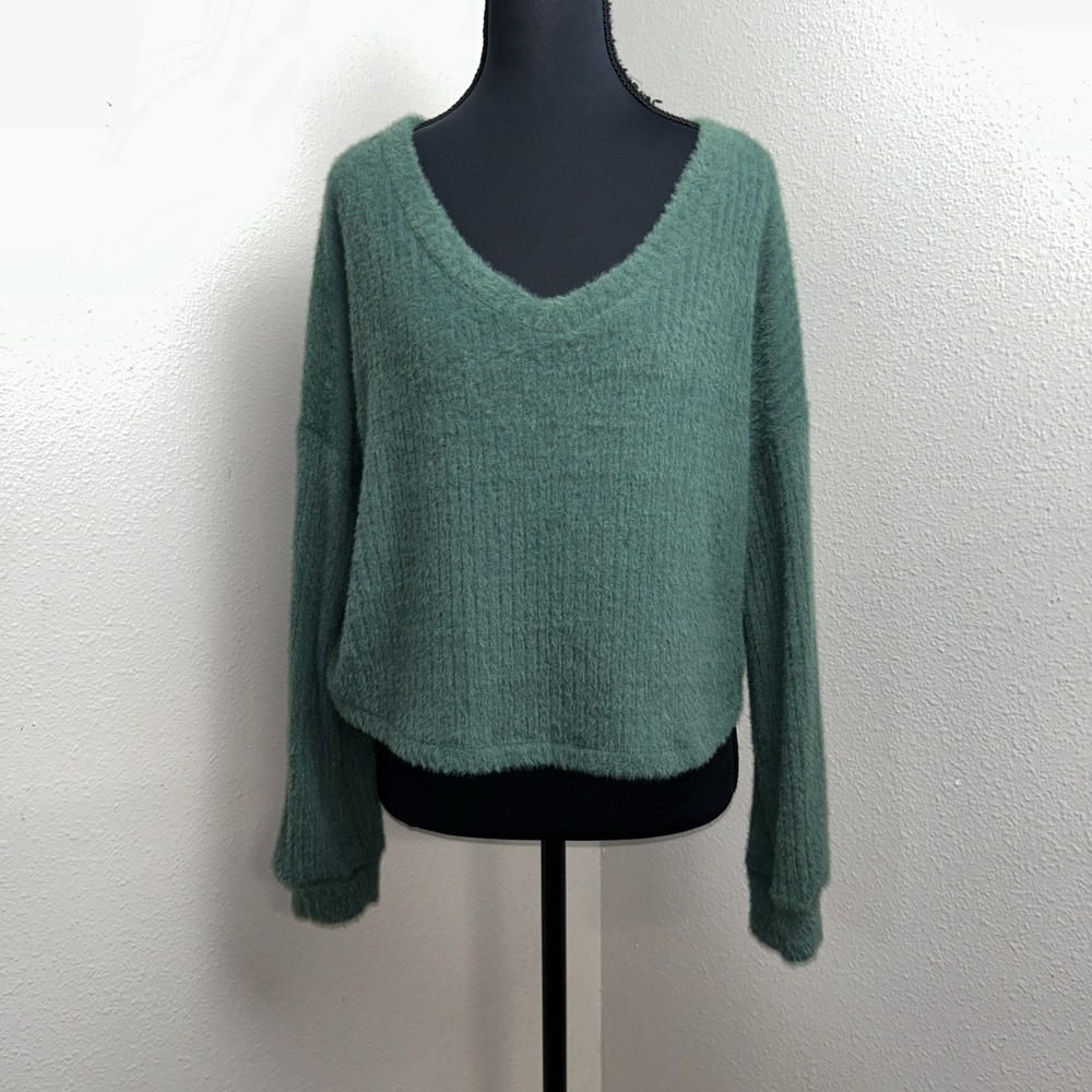 Hollister Cropped Sweater Women's Small Green Fuzzy Y2K Cozy Super Soft Lounge